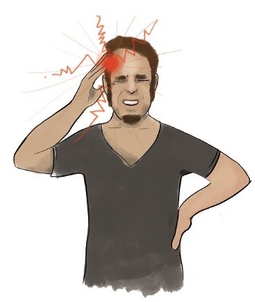 Illustration eines Mannes mit schmerzverzerrtem Gesicht hält sich den Kopf an einer rot eingezeichneten Stelle.