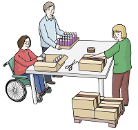 Illustration von Menschen, die an einem Tisch Produkte in Kartons verpacken.