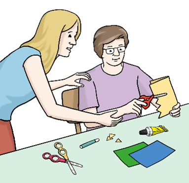 Illustration einer bastelnden Person. Sie wird von einer weiteren Person unterstützt.
