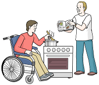 Illustration einer Person im Rollstuhl die kocht. Eine Person hält ihr ein Kochbuch entgegen.